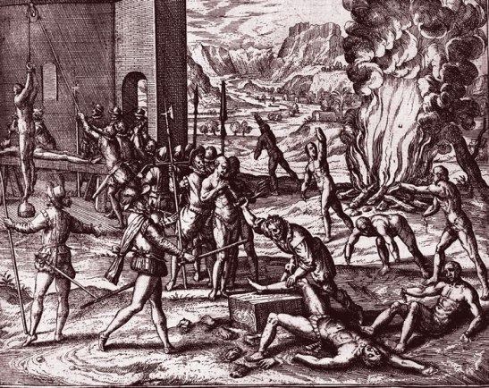 Spanish torture of American Indians-engaving by Theodor de Bry, 16th Century-Library of Congress, Kraus Collection of Sir Francis Drake
